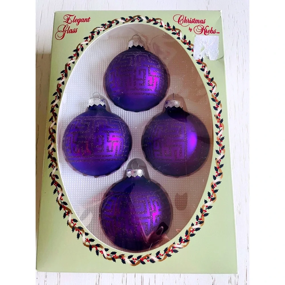 Vintage Christmas by‎ Krebs 4pc Glass Ornaments Purple Maze Pattern Designer 5in